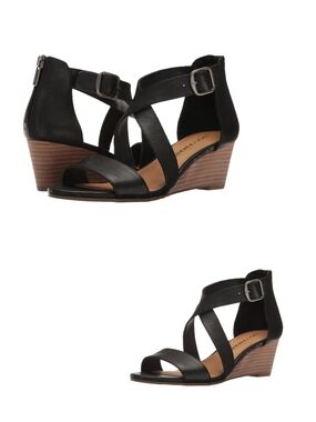 LUCKY BRAND "Jenley" Leather Open Toe Rear Ankle Zip Wedge Sandal